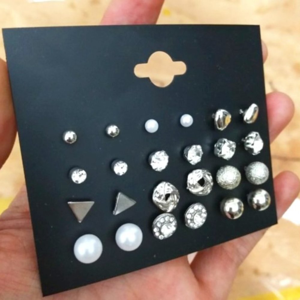 😍NWT 12 PAIR 925 SILVER GEOMETRIC CRYSTAL HEART STAR STUD EARRING SET MIX, F274 - Picture 1 of 5